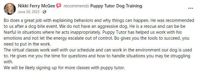 facebook recommendation for puppy tutor dog training